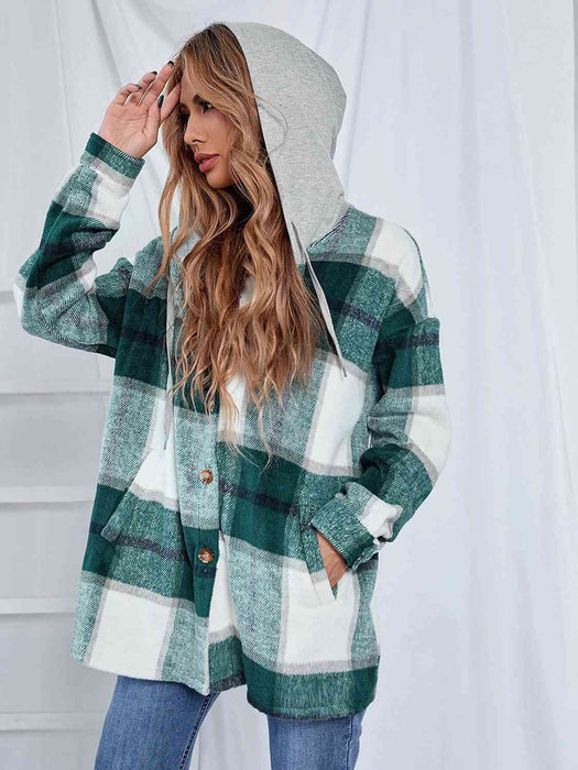 Color-Plaid Hooded Jacket with Pockets-Fancey Boutique