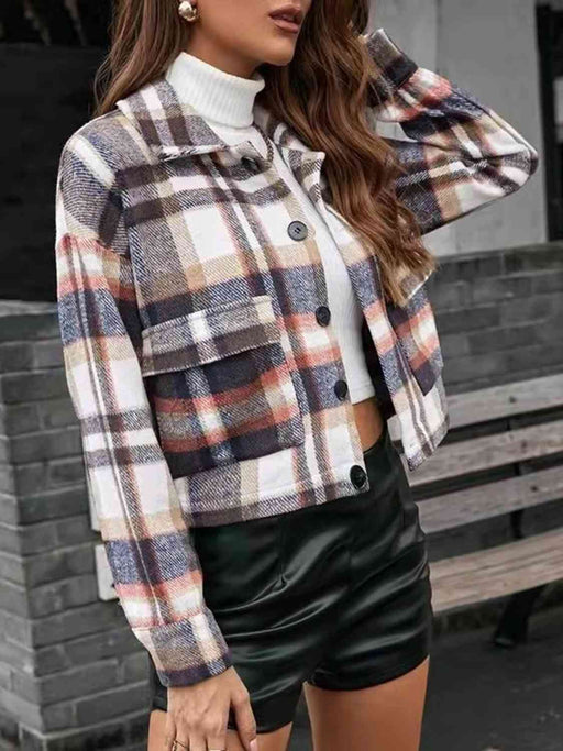 Color-S-Plaid Collared Neck Button Down Jacket-Fancey Boutique