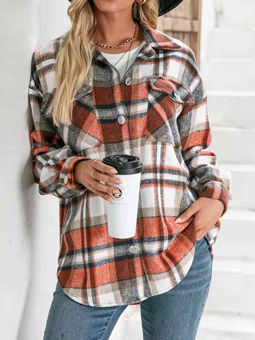 Color-Plaid Collared Neck Button Down Jacket-Fancey Boutique