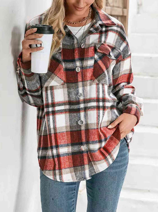 Color-S-Plaid Collared Neck Button Down Jacket-Fancey Boutique