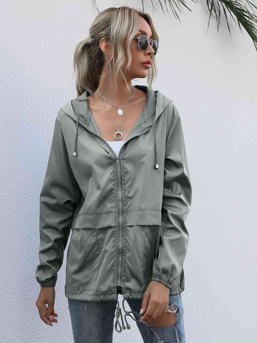 Color-S-Drawstring Zip-Up Hooded Jacket-Fancey Boutique