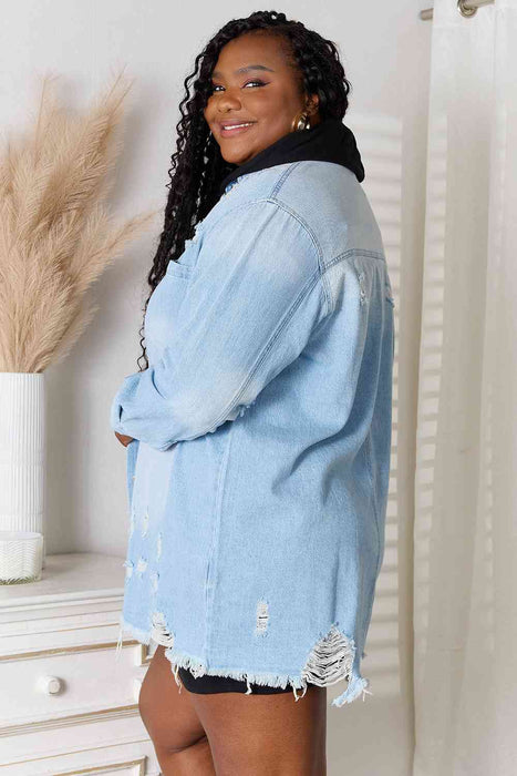 Color-RISEN Full Size Distressed Raw Hem Denim Jacket-Fancey Boutique