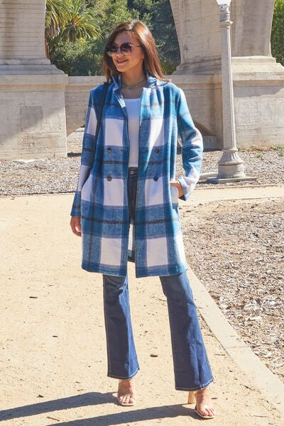 Color-S-Double Take Full Size Plaid Button Up Lapel Collar Coat-Fancey Boutique