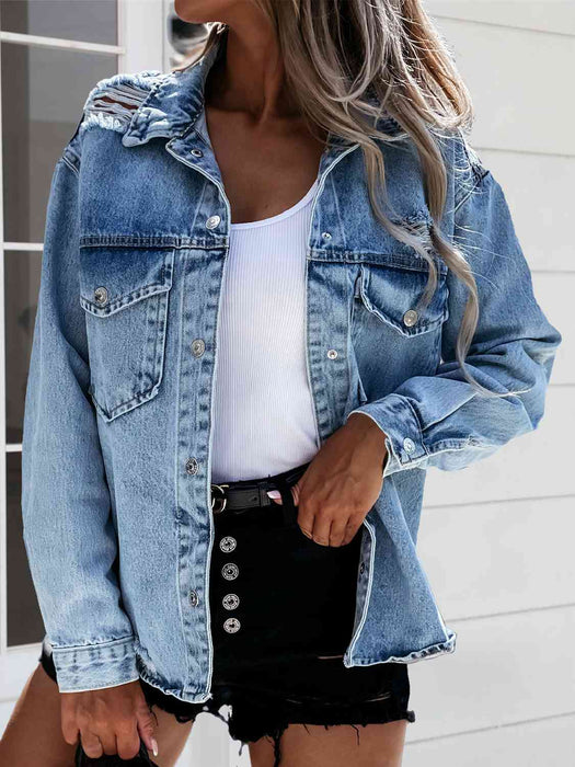 Color-Distressed Snap Down Denim Jacket-Fancey Boutique