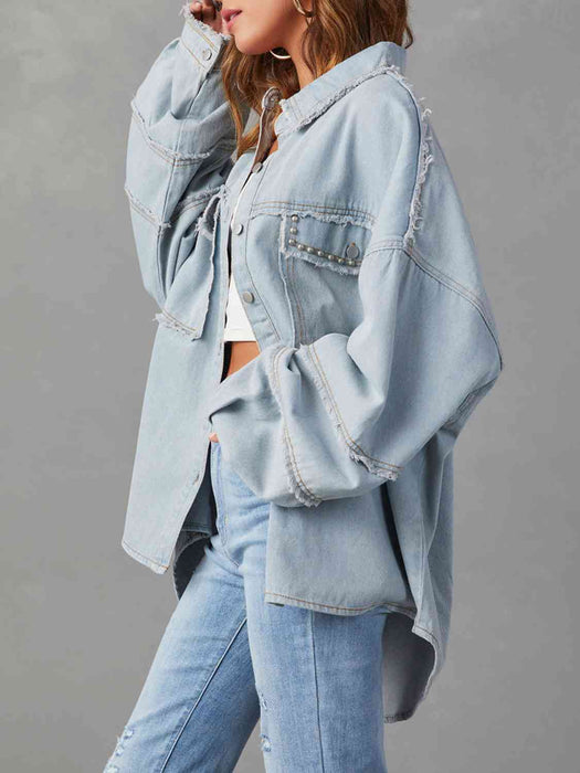 Color-Button Down Raw Hem Denim Jacket-Fancey Boutique