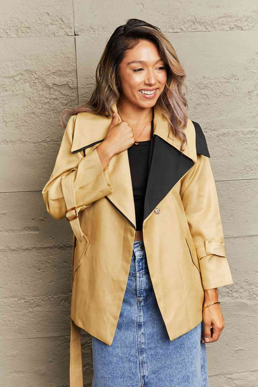 Color-S-Tie Waist Lapel Collar Trench Coat-Fancey Boutique