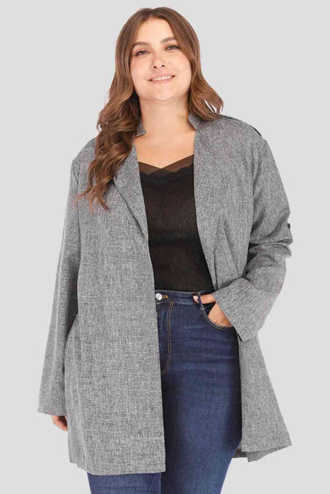 Color-1X-Plus Size Heathered Open Front Trench Coat-Fancey Boutique