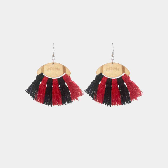 Color-Fringe Detail Football Shape Wooden Dangle Earrings-Fancey Boutique