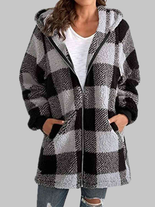Color-S-Plaid Zip-Up Hooded Jacket with Pockets-Fancey Boutique