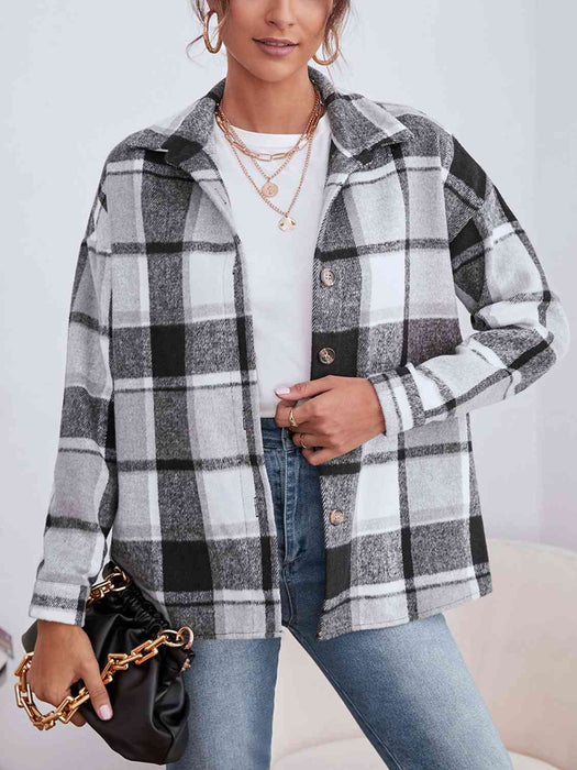 Color-S-Plaid Collared Neck Button Down Jacket-Fancey Boutique