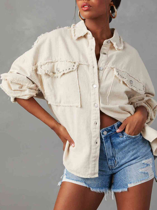 Color-Button Down Raw Hem Denim Jacket-Fancey Boutique