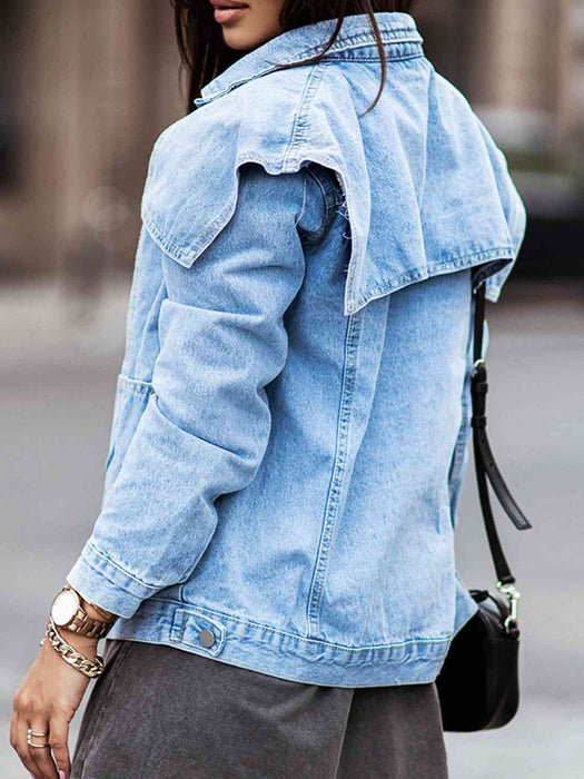 Color-Collared Neck Button Down Denim Jacket-Fancey Boutique